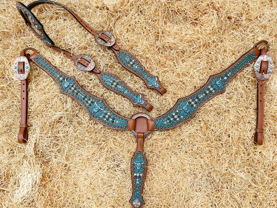 Leather Headstall and Breast Collar Set, Western headstall with teal alligator and Turquoise bull head hardware with studs overlay MOUSM