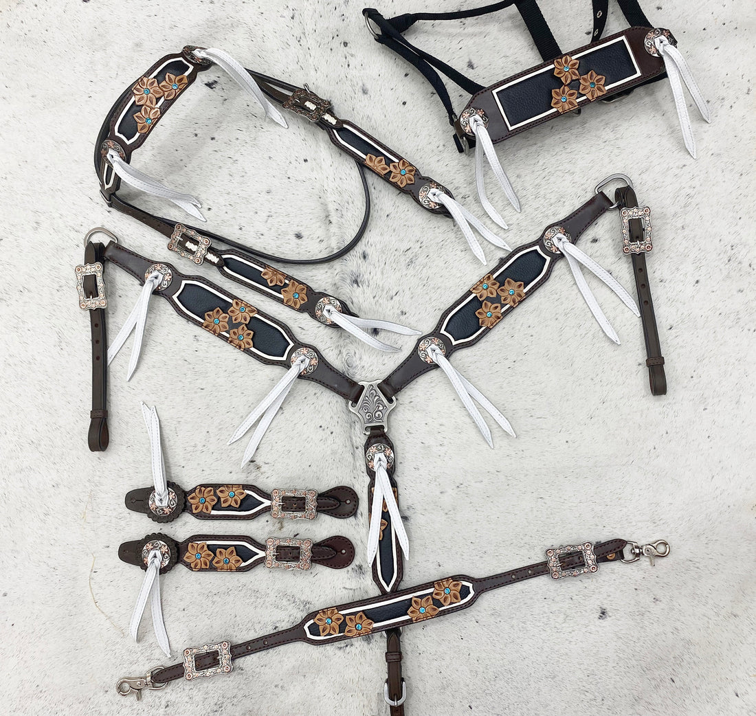 Leather Headstall and Breast Collar Set horse, Western headstall Tack decorated with flower carving and white string By MOUSM