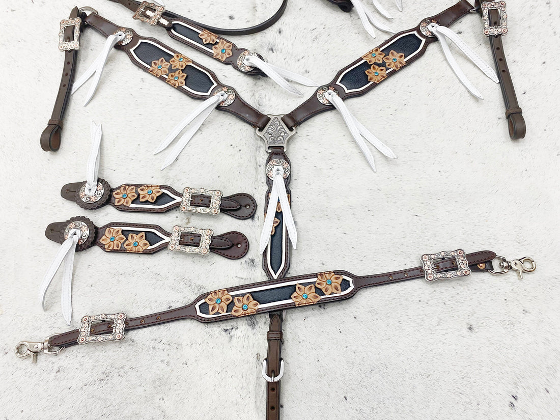 Leather Headstall and Breast Collar Set horse, Western headstall Tack decorated with flower carving and white string By MOUSM