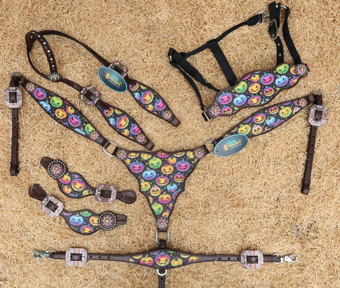 MOUSM Spooky Western Leather Headstall Breast Collar tack Set decorated with fluorescent Halloween pumpkin print with rhinestone concho