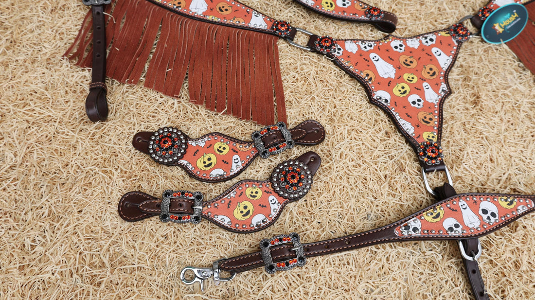 Spooky Western Leather Headstall Breast Collar tack Set Halloween pumpkin ghost bats orange background with rhinestone concho leather fringe